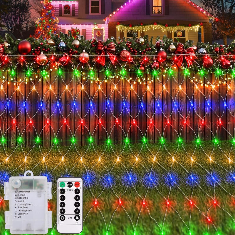 echosari Chritsmas Net Lights Battery Operated, 100 LED 4.9 x 4.9ft Outdoor Net Light Remote Timer Mesh Lights for Bush Deck Fence Wall Holiday Decor (Multicolor) - Image 1